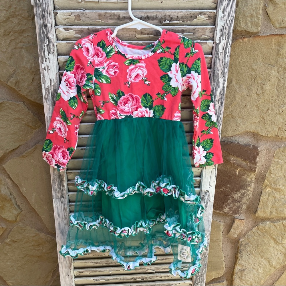 Olive Mae girls sz 3T green/ red Christmas Holiday Dress Tulle Floral.